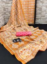 Linen Orange Daily Wear Printed Saree